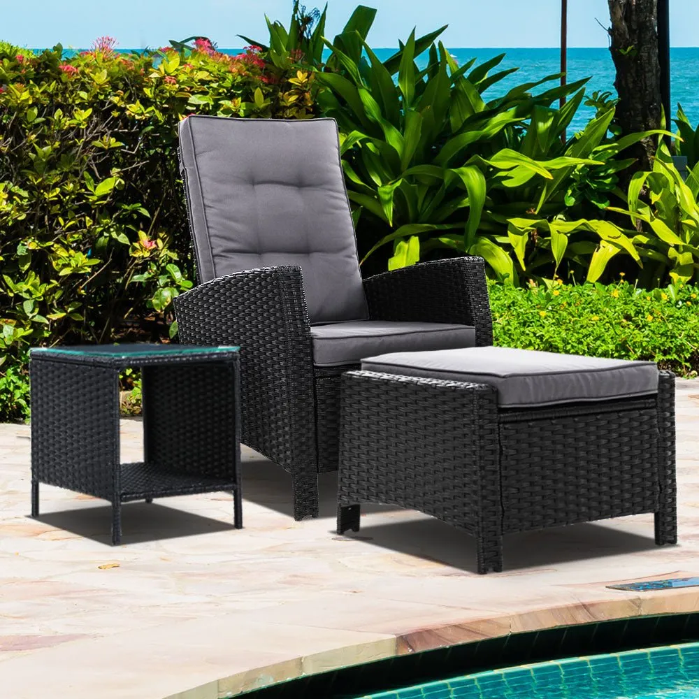 3 Piece Elise Outdoor Recliner Chair Ottoman and Table Set Black