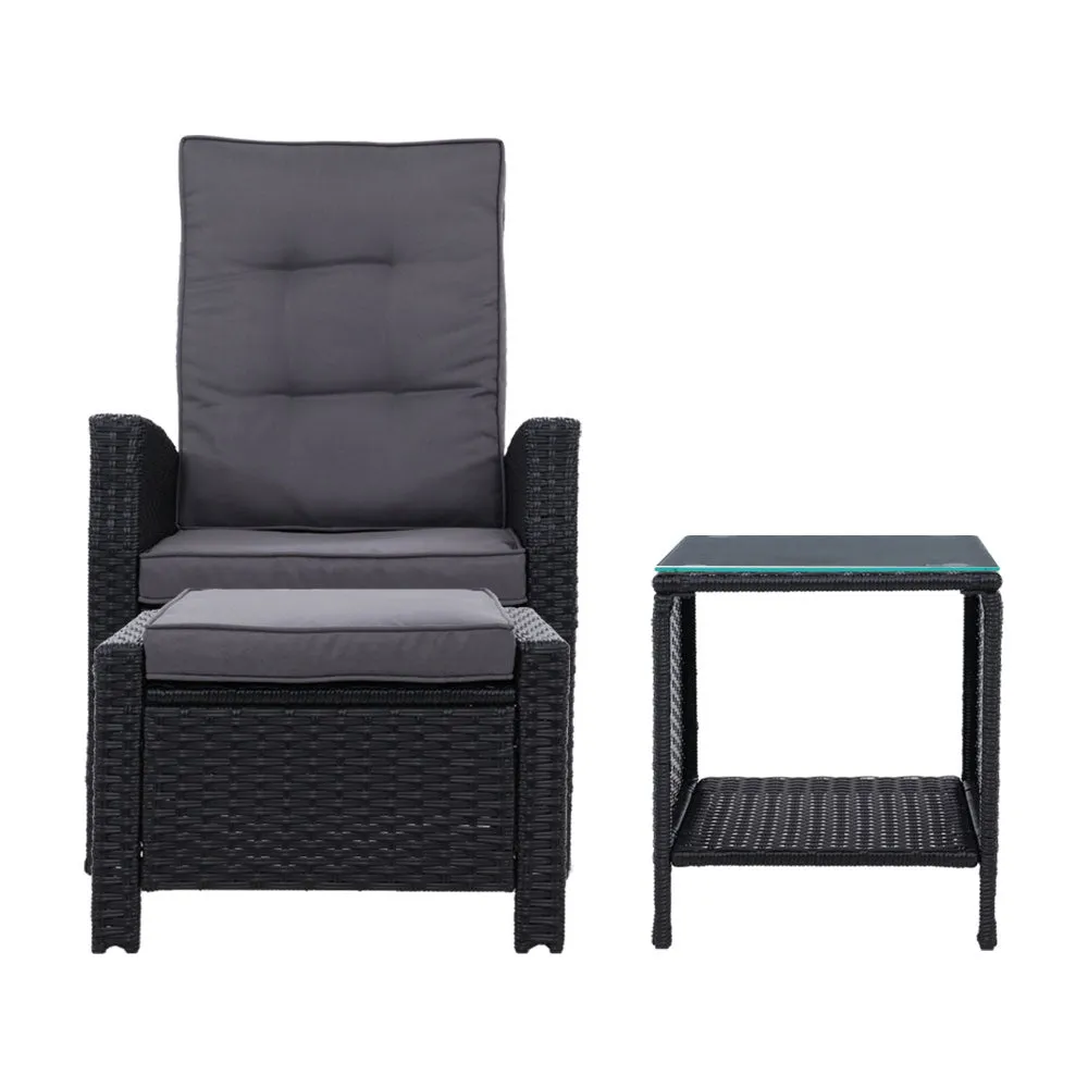 3 Piece Elise Outdoor Recliner Chair Ottoman and Table Set Black