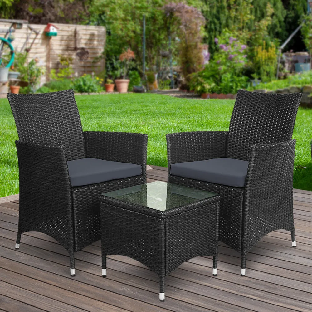 3 Piece Wicker Outdoor Furniture Set  Chair Armchair Side Table - Black