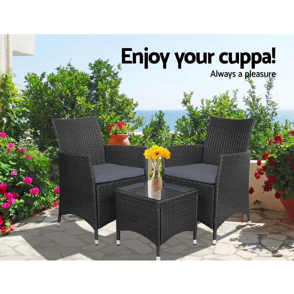 3 Piece Wicker Outdoor Furniture Set  Chair Armchair Side Table - Black