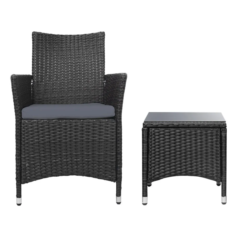 3 Piece Wicker Outdoor Furniture Set  Chair Armchair Side Table - Black