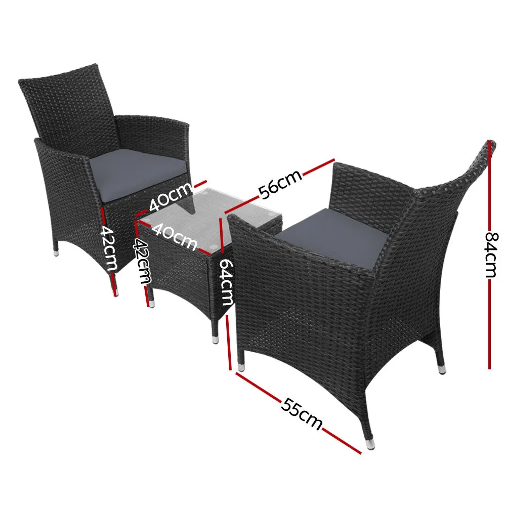 3 Piece Wicker Outdoor Furniture Set  Chair Armchair Side Table - Black