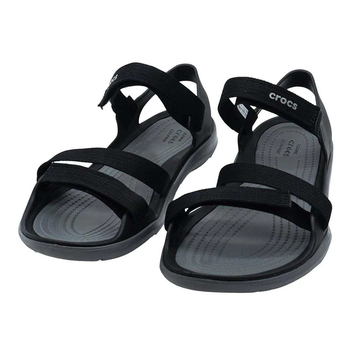 Crocs Swiftwater Webbing Flat Sandals Fabric Black Colour For Women