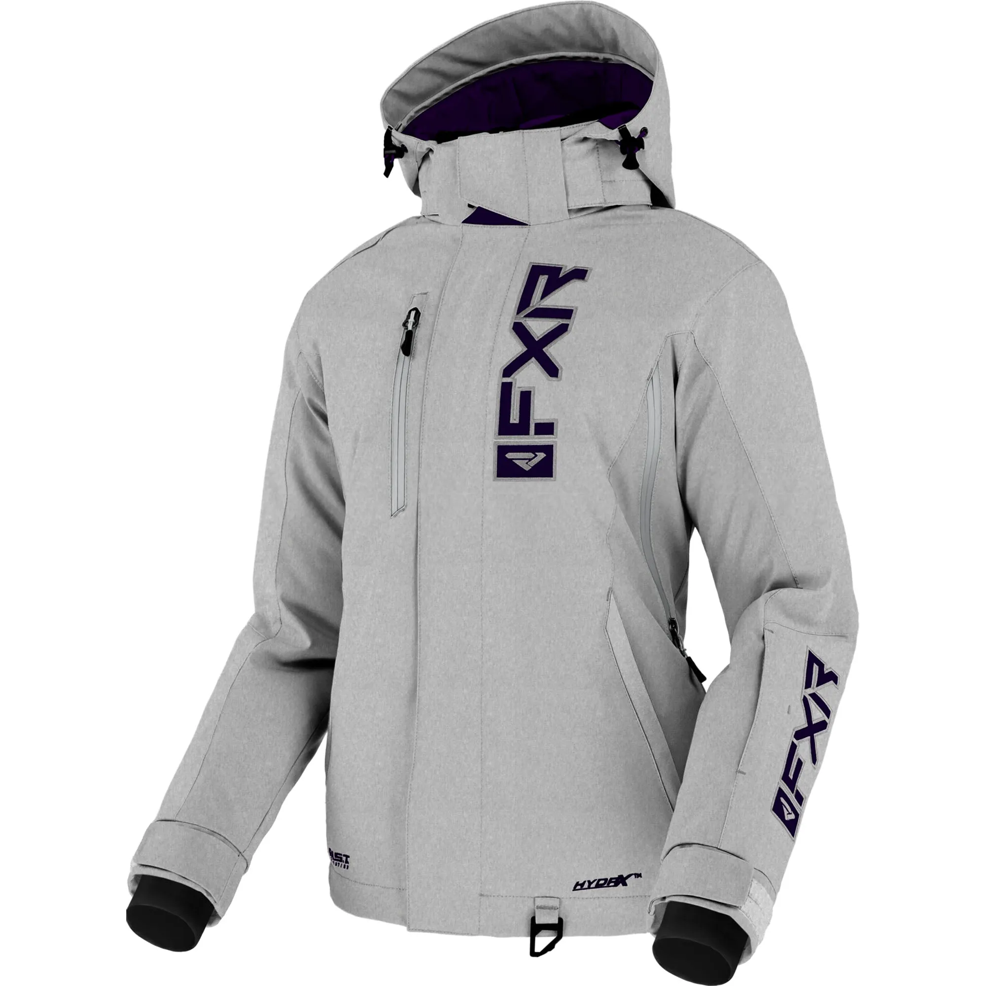 FXR  Womens Evo FX Snowmobile Jacket Snowproof Light Grey Heather Eggplant