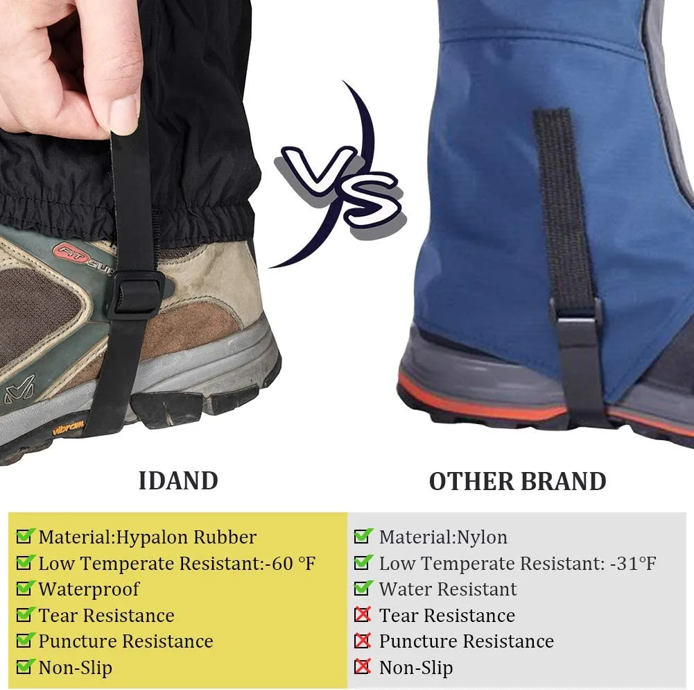 IDAND Leg Gaiters Waterproof Snow Boot Gaiters for Snowshoeing, Hiking, Hunting, Running, Motorcycle Anti-Tear Oxford Fabric, TPU Instep Belt Metal Shoelace Hook for Outdoor