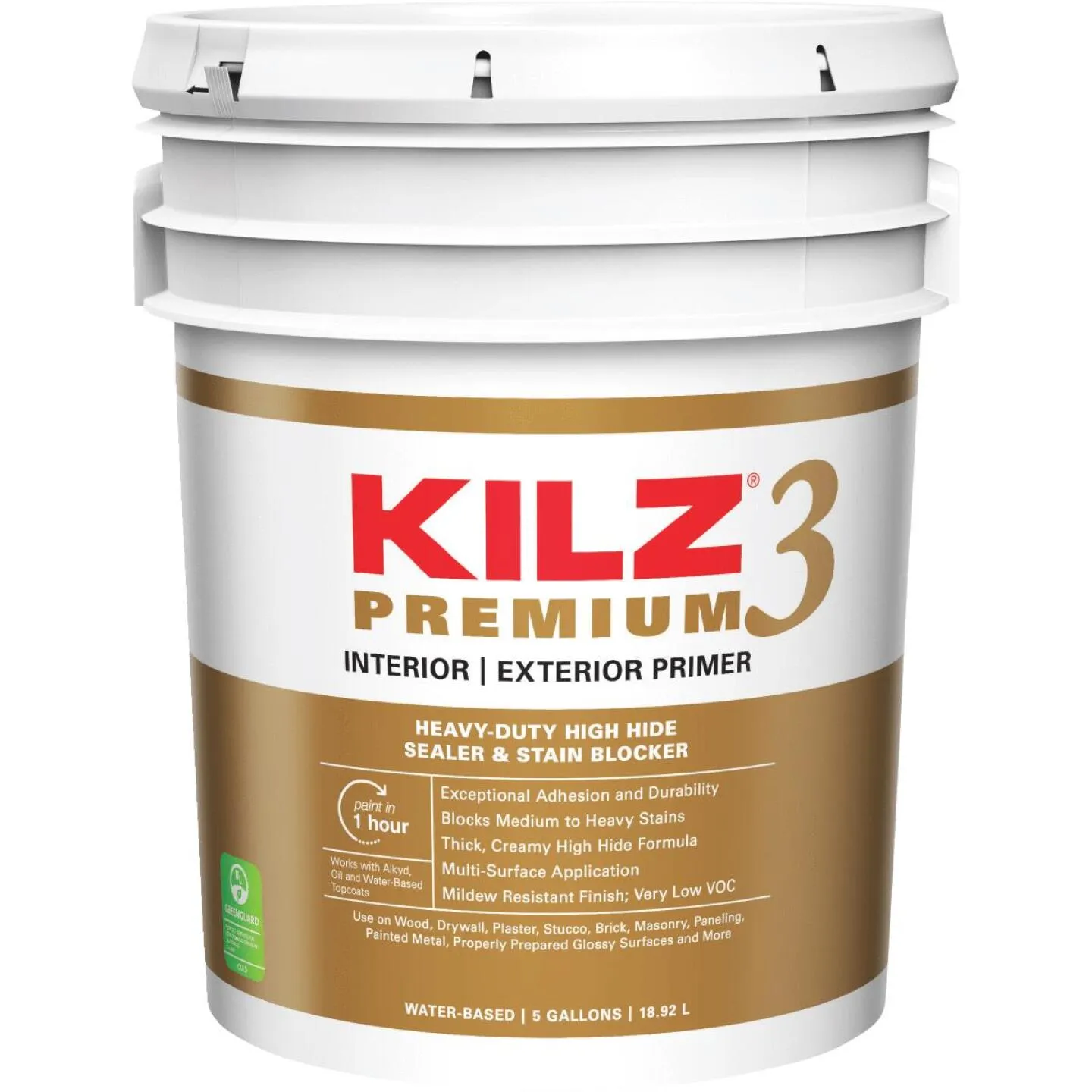 KILZ Premium Water-Base Interior/Exterior Sealer Stain Blocking Primer, White, 5 Gal.