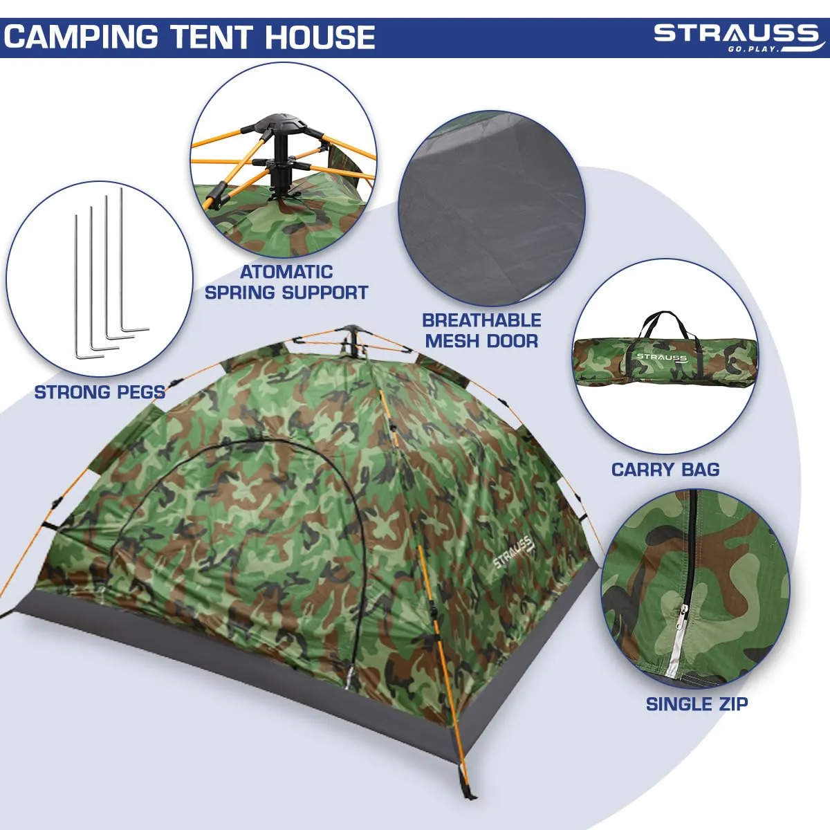 STRAUSS Portable Tent for Camping | Ideal for 4 Persons | Easy Setup for Picnic, Hiking, Trekking, Outdoor | Waterproof and Windproof with Extra Top Layer | Superior Air Ventilation (Blue and Pink)